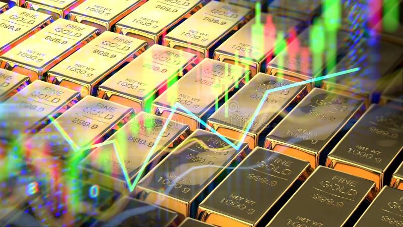 Guldstackar med överlagrade färgade finansgrafer som visar prisutveckling.